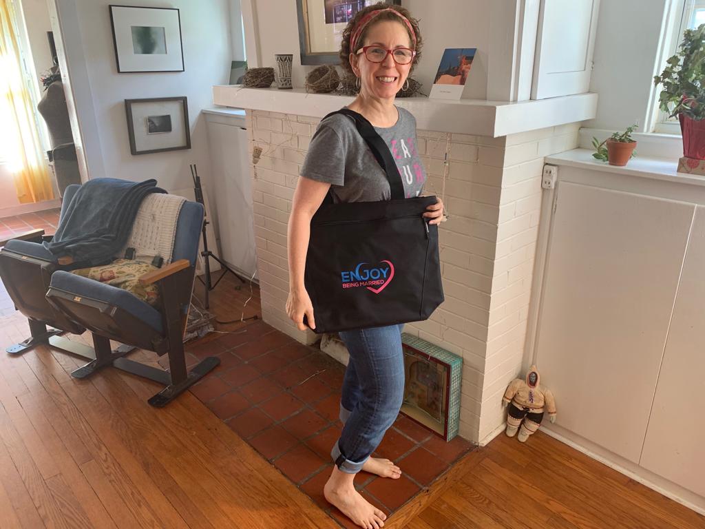 The Enjoy Being Married tote bag, modeled by ProNagger Rachel Z. Cornell